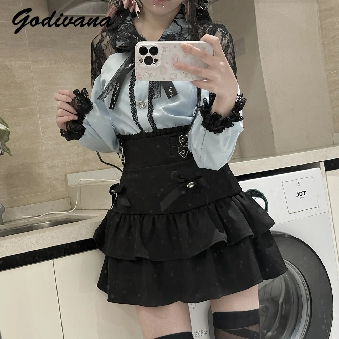 Japanische Mine Serie Massen produktion Spitze Langarm Damen Bluse Hemd hohe Taille schwarzen Rock Mädchen Lolita Frühling Outfits