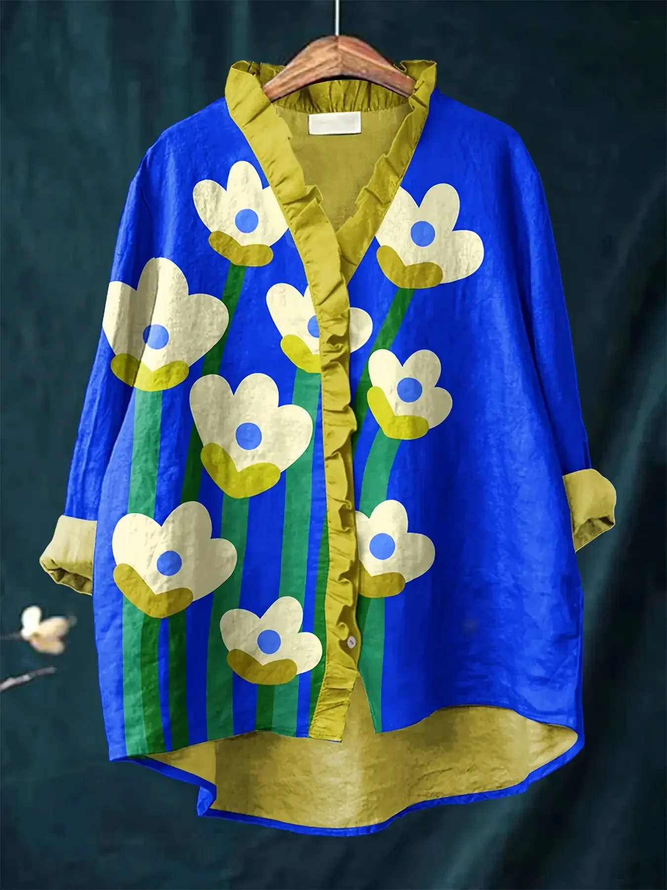 Women's floral printed long sleeved shirt with ruffle collar and front button cover, suitable for daily outings,