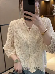 Summer New 3/4 Sleeve V-neck Lace Shirt Fashion Hollow Print Top Short Lace Shirt For Women