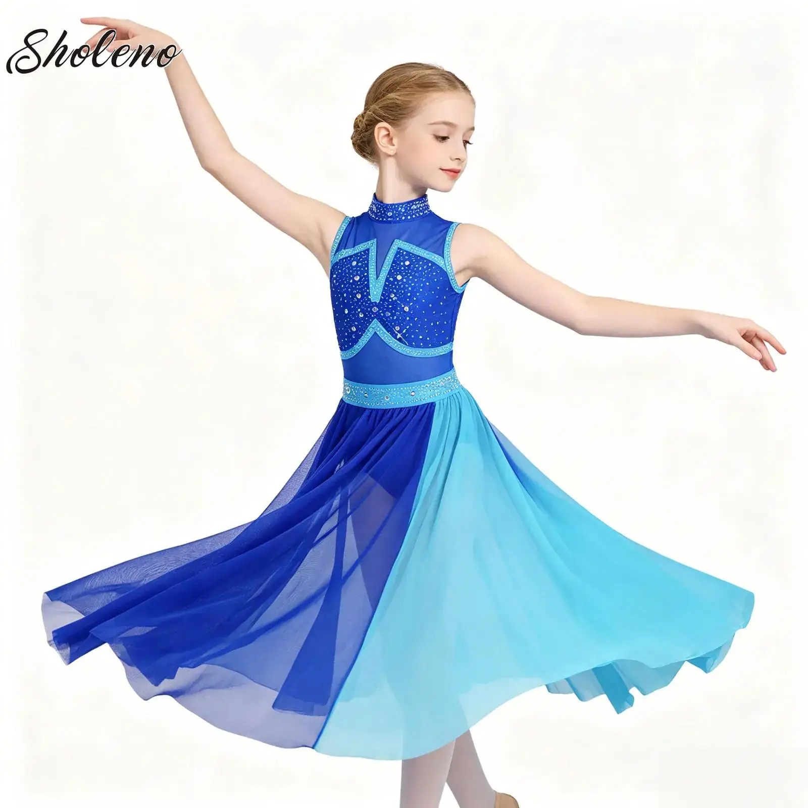 

Kids Girls Modern Lyrical Dance Performance Costume Color Block Split Maxi Dress Dance Wear for Figure Skating Ballet Gymnastics
