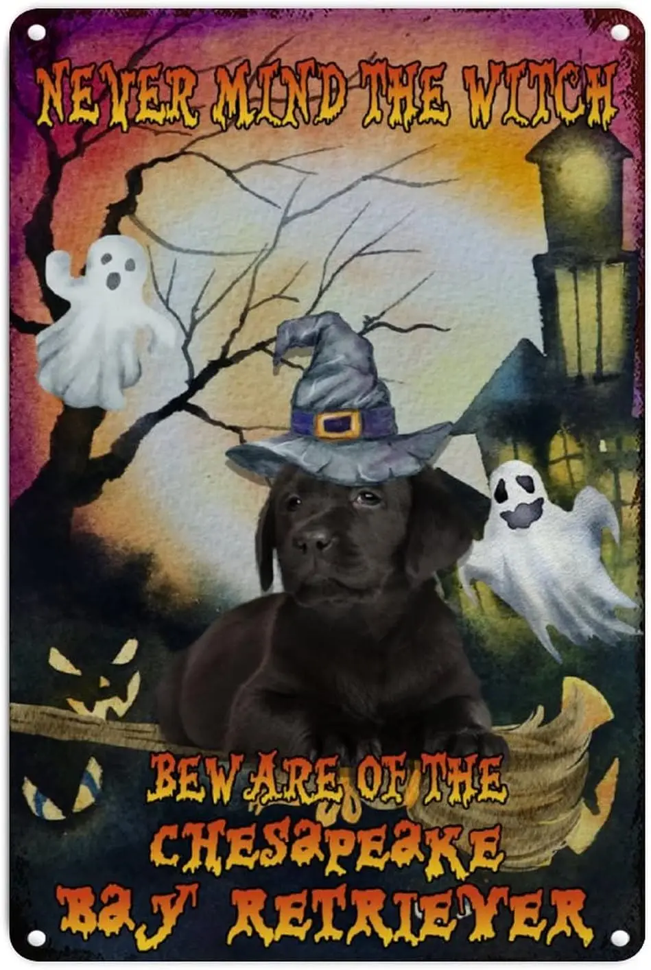 Retro Metal Wall Hanging Sign Never Mind The Witch Beware of The Dog Pug Metal Sign Wall Art Halloween Dog with Witch Hat Ghost