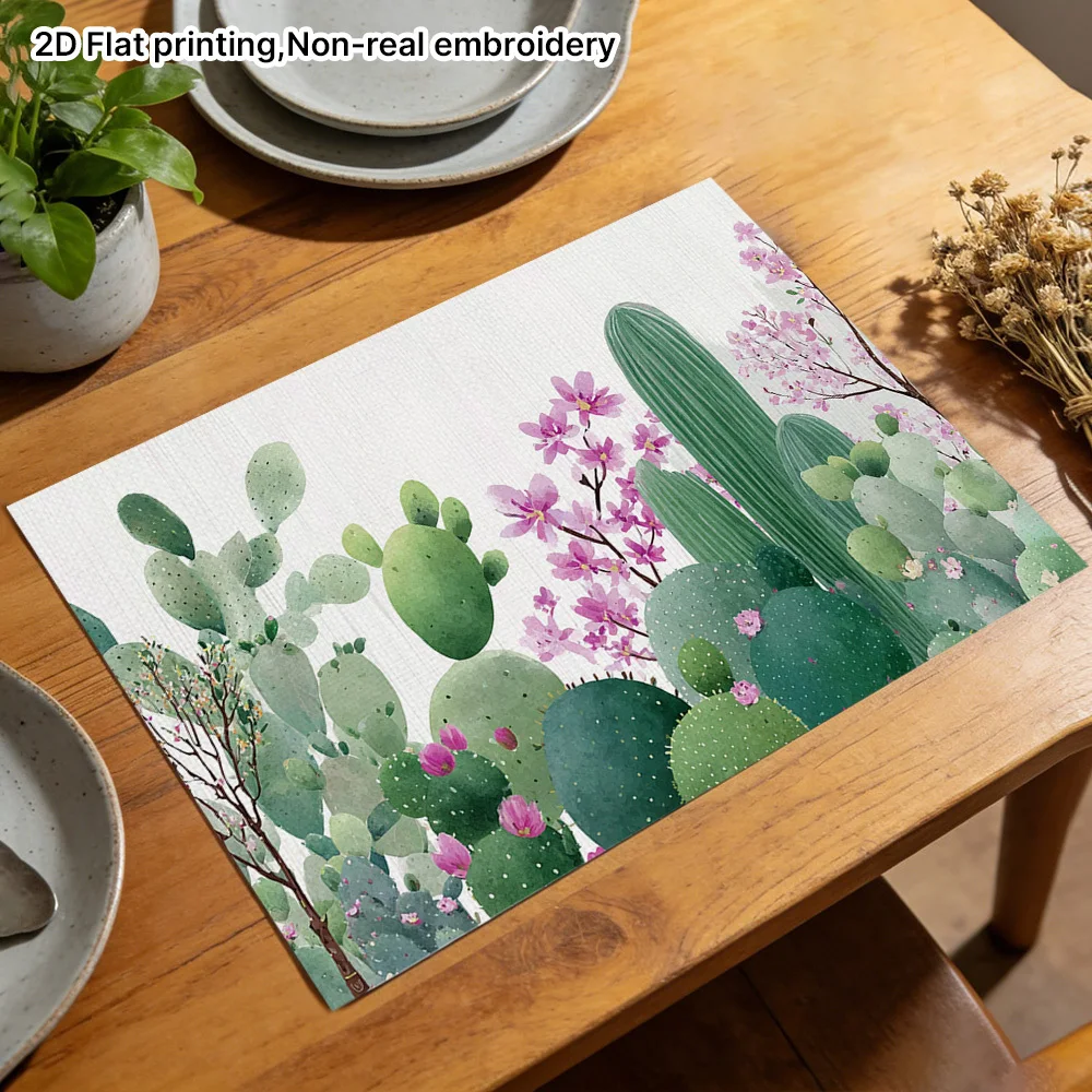 Spring Blooming Cactus Printed Square Place Mats, Holiday Dining Mat, Festive Party Accent, Restaurant Table
