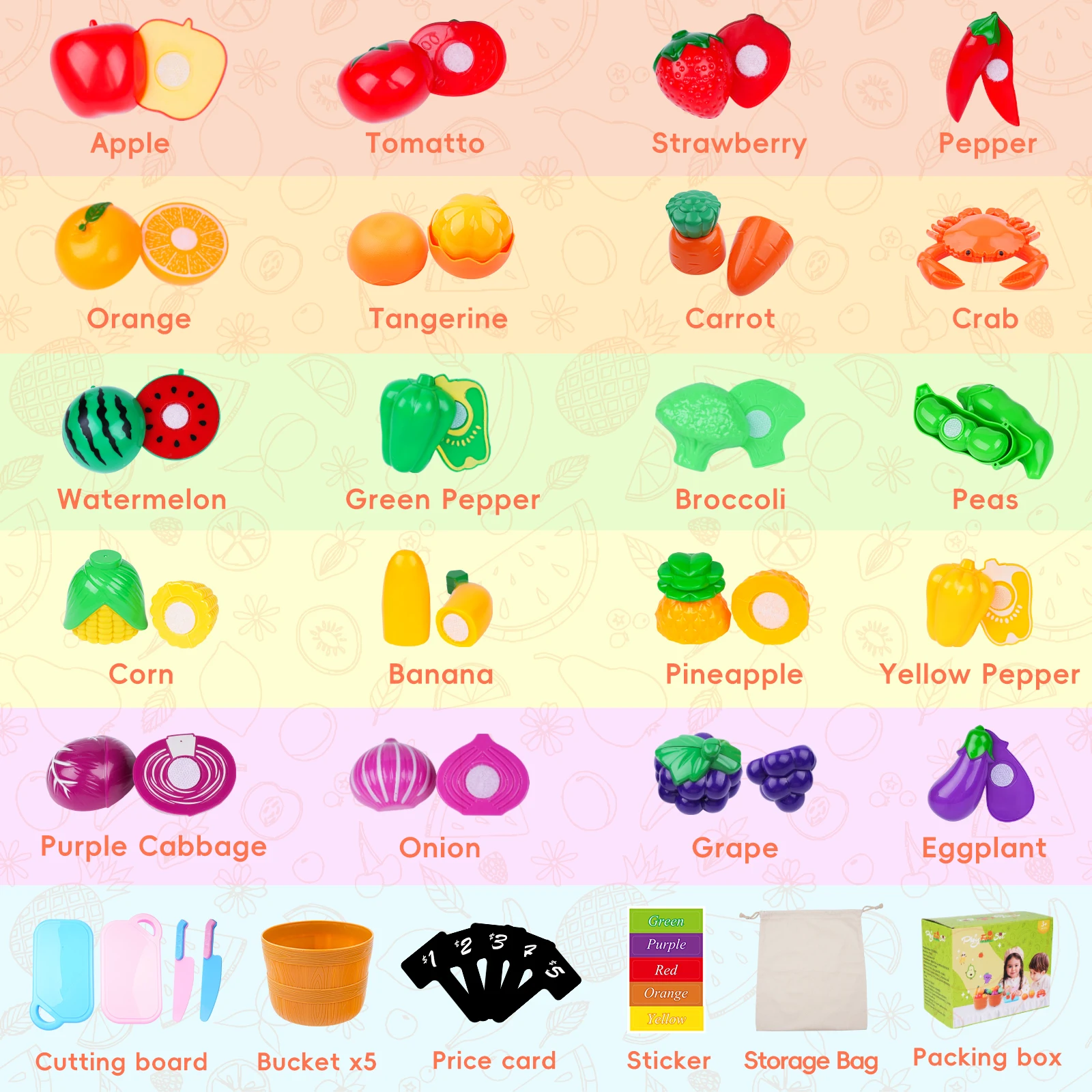 48Pcs Cutting Play Food Toy for Multiple Kids with Storage Baskets, Kitchen Pretend Food Set for Toddler, Kitchen Toys