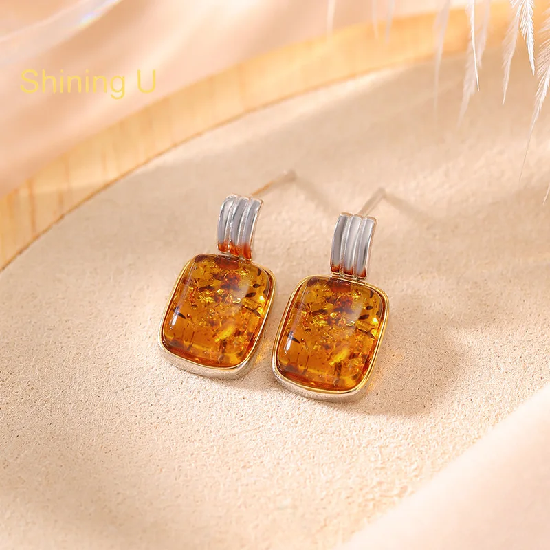 Shining U 925 Sterling Silver Vintage 8*10mm Amber Dangle Earrings for Women Fine Jewelry Spring