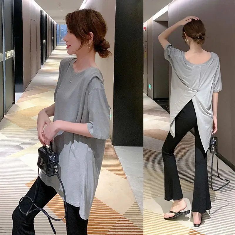 

Summer Back Split Slit Women Short Sleeve T Shirts Modal Korean Fashion Elegant Elegant Oversized Clothes Party Club Black Grey