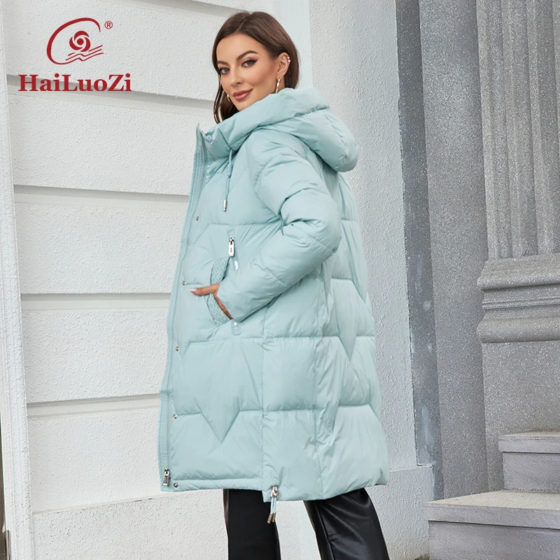 HaiLuoZi 2023 New Women Winter Jacket Mid-Long Warm Female Parkas Hooded Side Pockets Classic Solid Color Women\'s Coat 1179