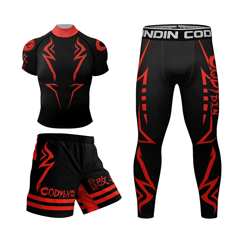 カスタムデザイン メンズMMAウェア ドライフィット スポーツシャツ+伸縮性バンド付きショーツ 抗ピリング 柔術 キックボクシング ラッシュガード 4点セット
