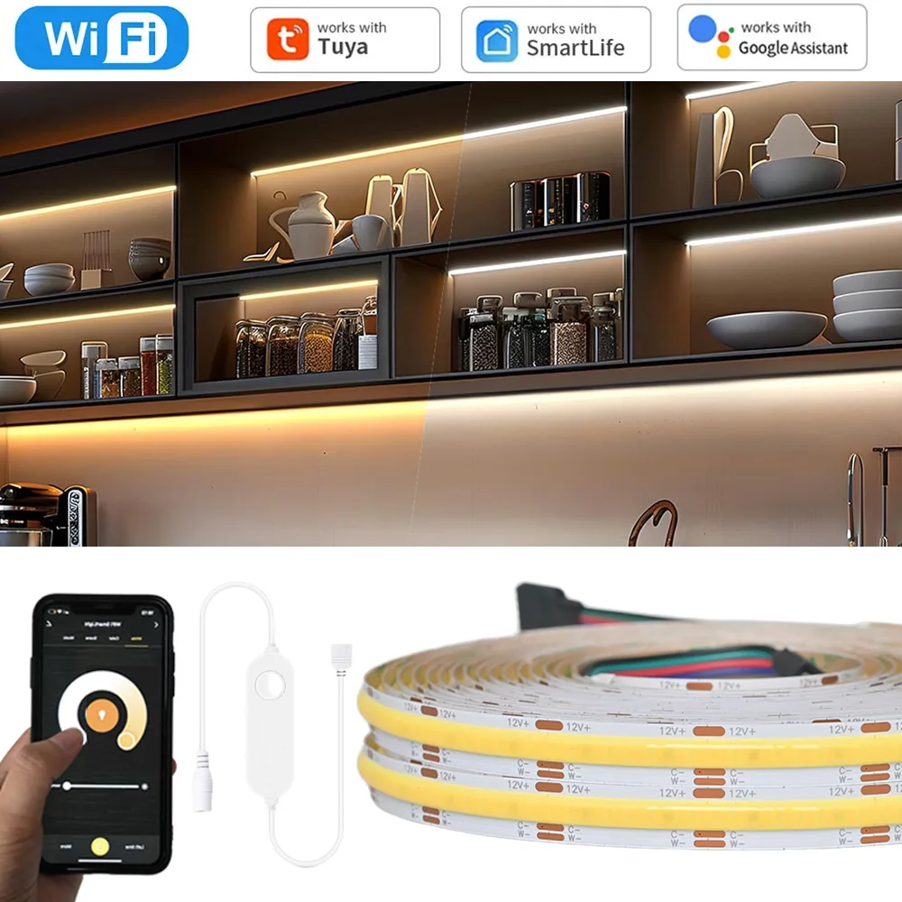 Tuya Smart WiFi COB CCT LED Strip 12V 2m 3m 5m 10m Dimmable Flexible 2700-6500K Dual White Room Decor Light Fr Alexa Google Home