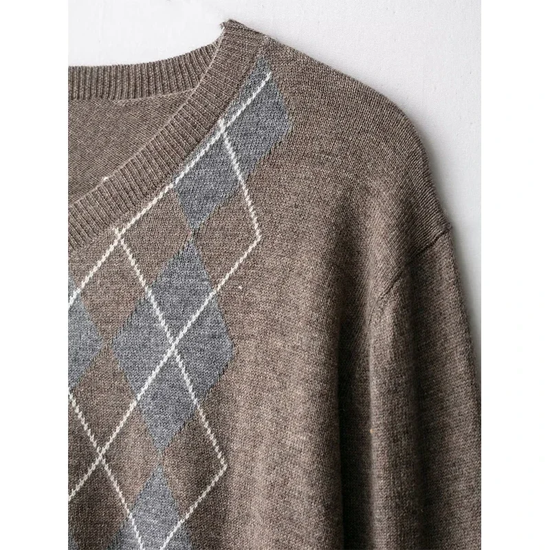 المرأة متماسكة البلوز سترة الخريف الشتاء موضة Argyle الخامس الرقبة طويلة الأكمام البلوزات Vintage ملابس خارجية الإناث شيك القمم #4