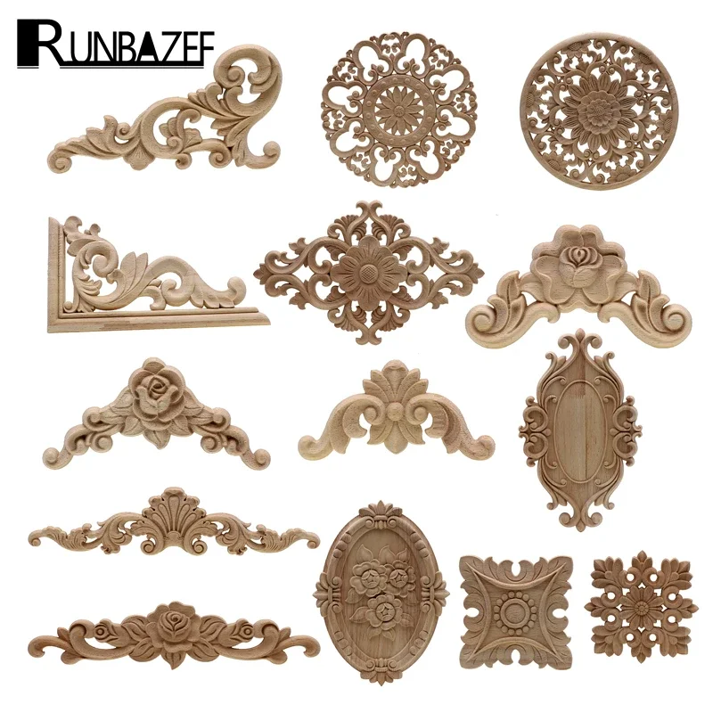 Unique Natural Floral Wood Carved Figurines Crafts Appliques Frame Wall Door Furniture Decor Woodcarving