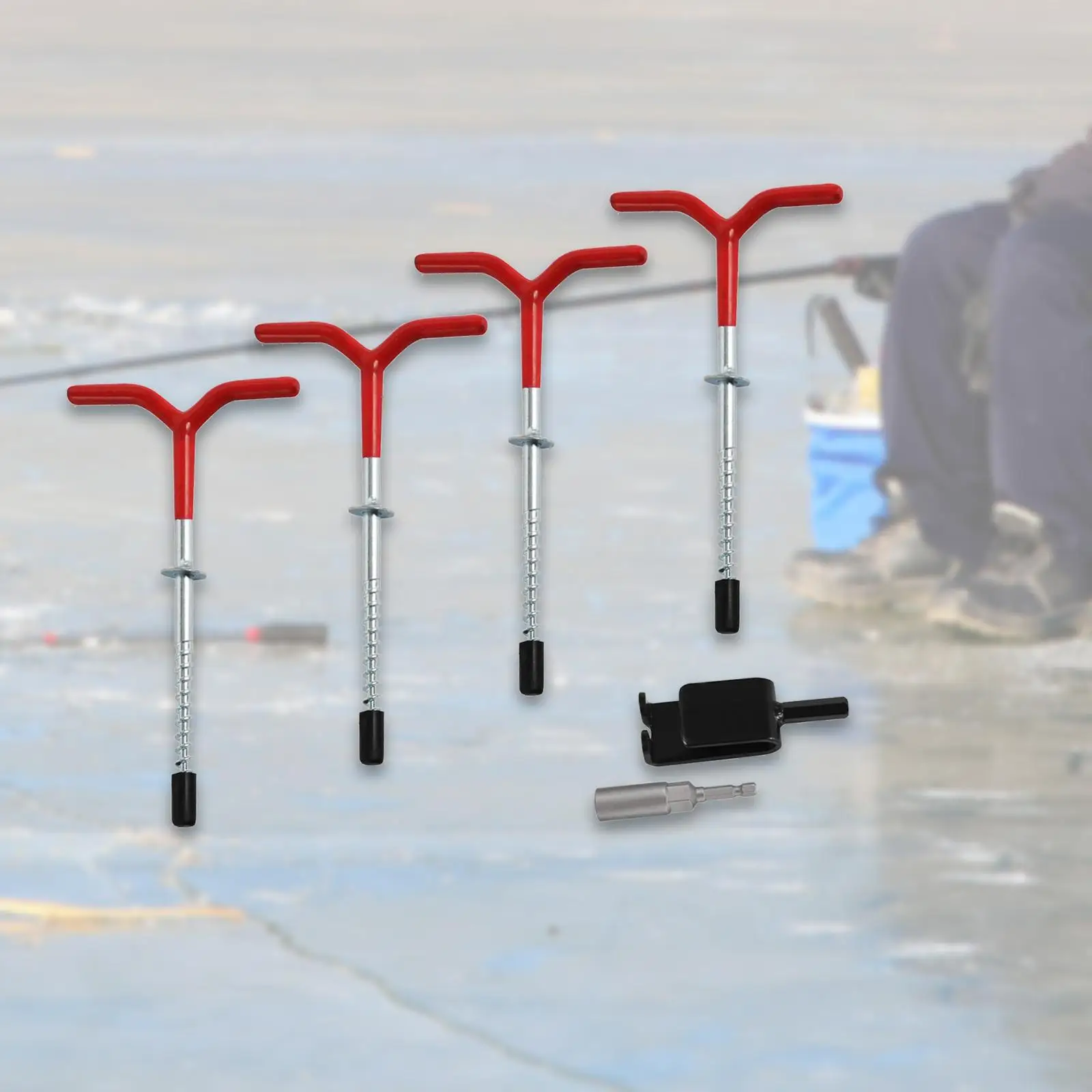 4Pcs Ice Fishing Anchors Ice Shanty Anchors with Power Drill Adapter Tent Pegs Ground Nails with A Socket Strong Tent Stakes