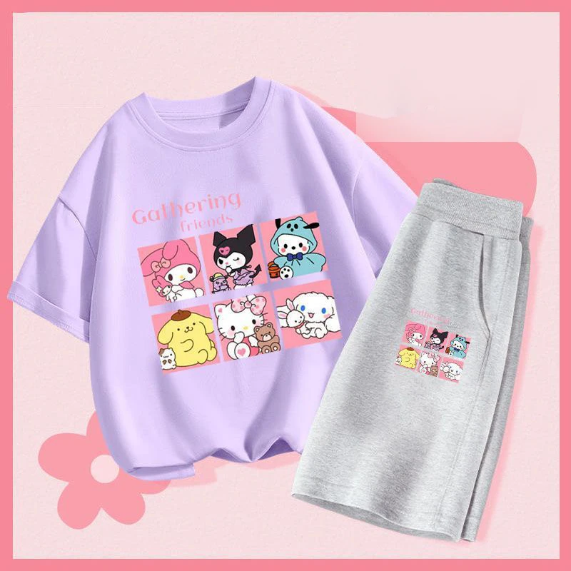 

Комплект Sanriou из 2 предметов Kuromi, шорты My Melody с короткими рукавами, детская футболка для мальчиков, средние штаны, одежда для девочек, хлопковая одежда с героями мультфильмов, праздничный подарок