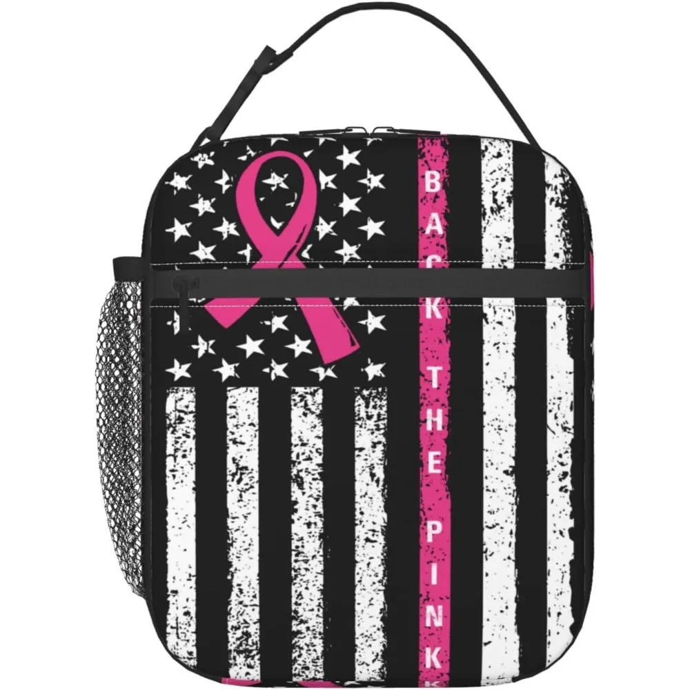 Pink Ribbon Usa Flag Lunch Bag Insulated Reusable Lunch Box Lunch Tote Lunchbox Portable Bento Bags For Men Women Office Work