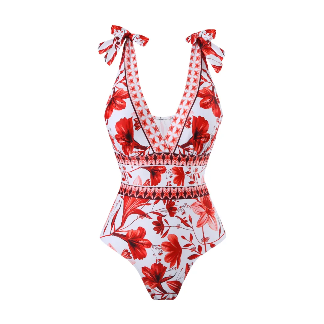 Summer Bohemian Style One Piece Swimsuit with Irregular Shoulder Straps Floral Print Beach Vacation Dress for Women