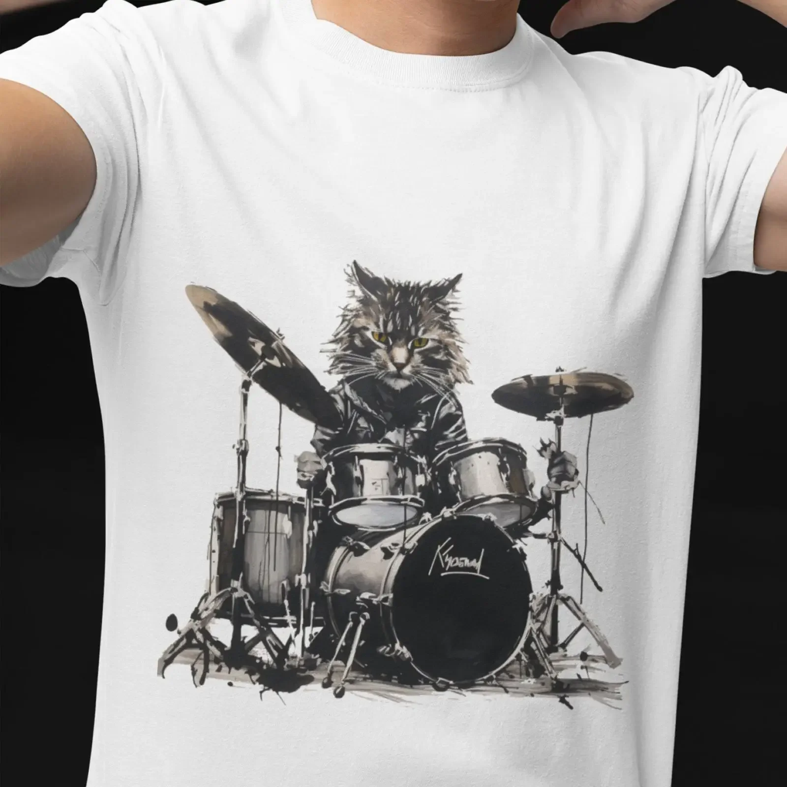 Rock 'n' Roll Cat Drummer T Shirt Funny Linocut Design vintage Washed Stylish Soft Unisex homme fashion designer clothes Casual