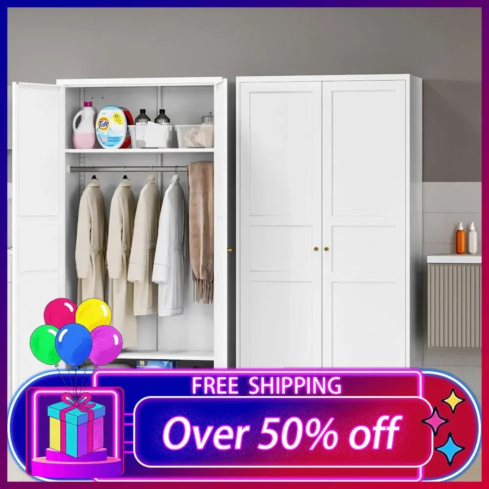 Wardrobe Closet,Metal Clothing Storage Cabinets with Hanging Rod, Bedroom Armoires and Office Clothes Storage Organizer Cabinets