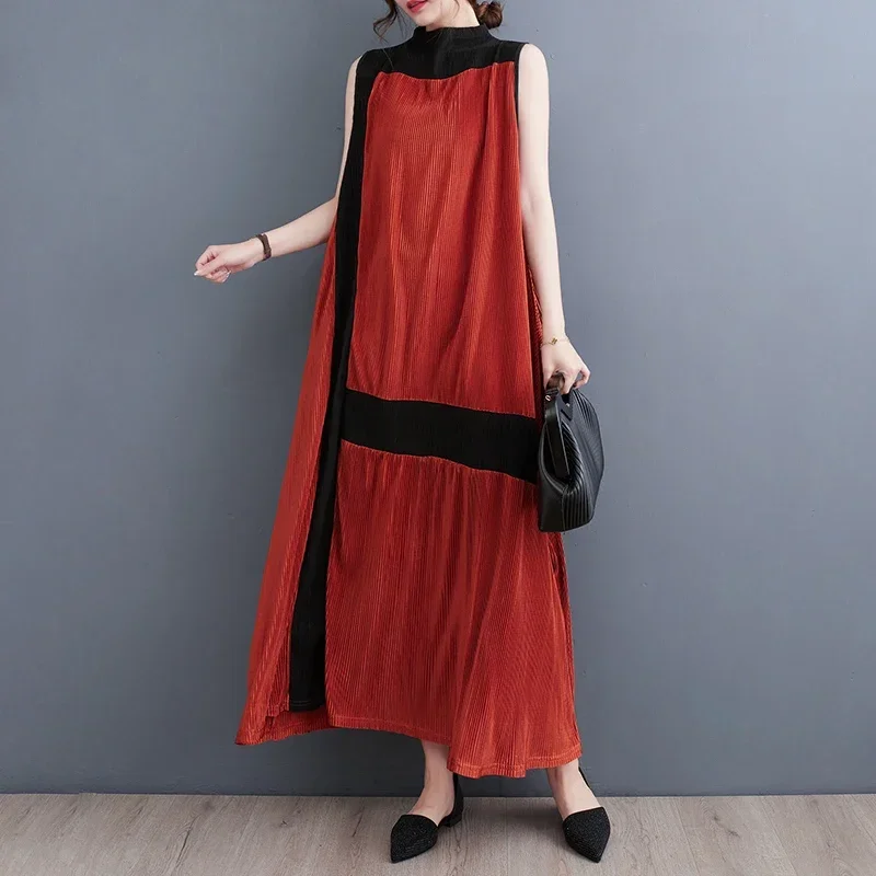 Conspicuousness Unique Fashion Stylish Pleated Bicolor Color Scheme Sleeveless Dress Tucked Long Summer Chiffon Maxi Dress