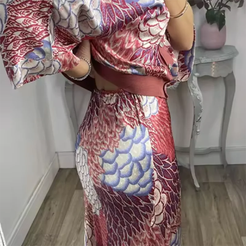 Primavera moda floral impressão cetim duas peças conjunto mulher sexy decote em v botão superior & quadris saia roupa outono meia manga ternos de escritório