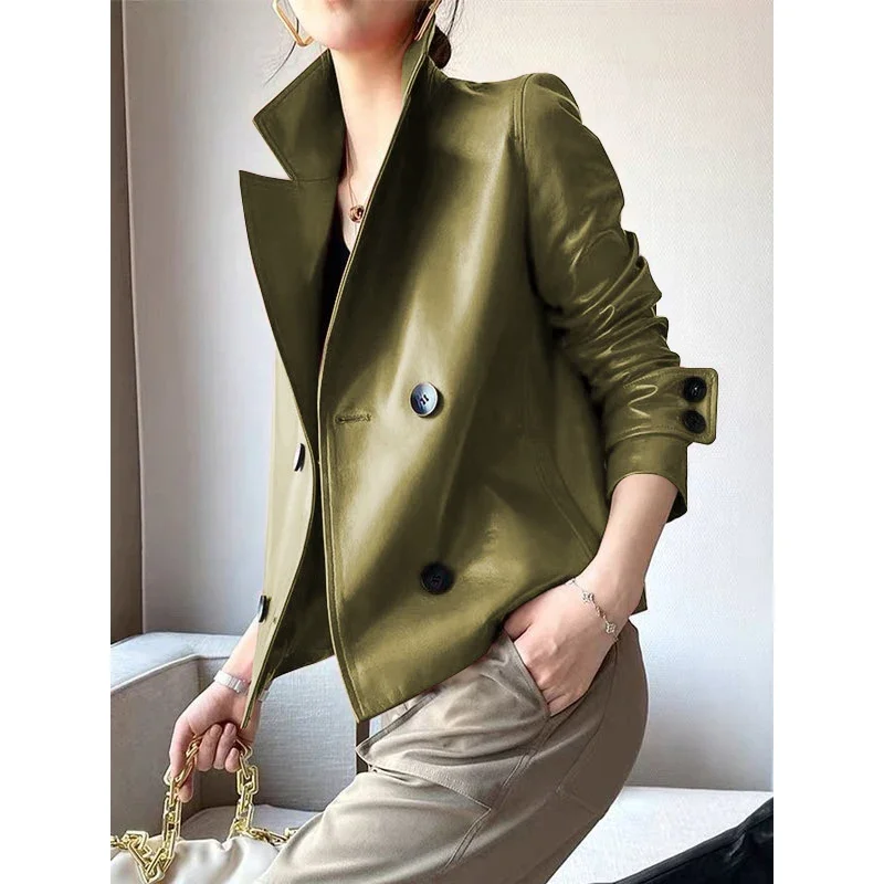 Modigirl Autumn Winter Gold Faux Leather Jackets Women 2024 New Outwear Long Sleeves PU Leather Short Coats Outwear for Female