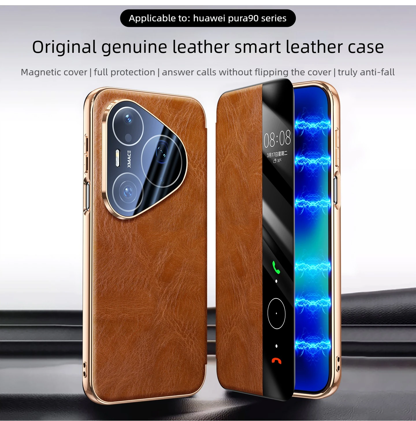 

Genuine leather smart flip case for huawei pura 90 pro max,pura 80 90 70 pro/pura 70 Ultra lens full coverage luxury Lather Case
