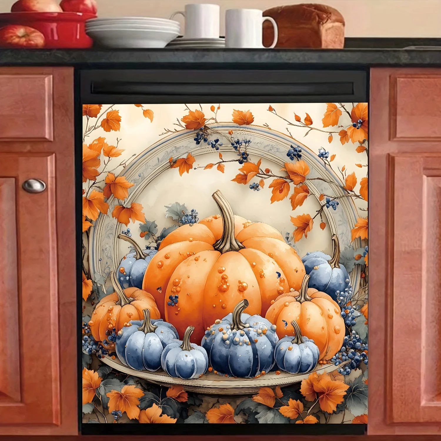 Autumn Pumpkin Magnetic Dishwasher Cover, No Glue Rubber Material, Easy To Clean, Halloween Thanksgiving Home Decor 23x26in