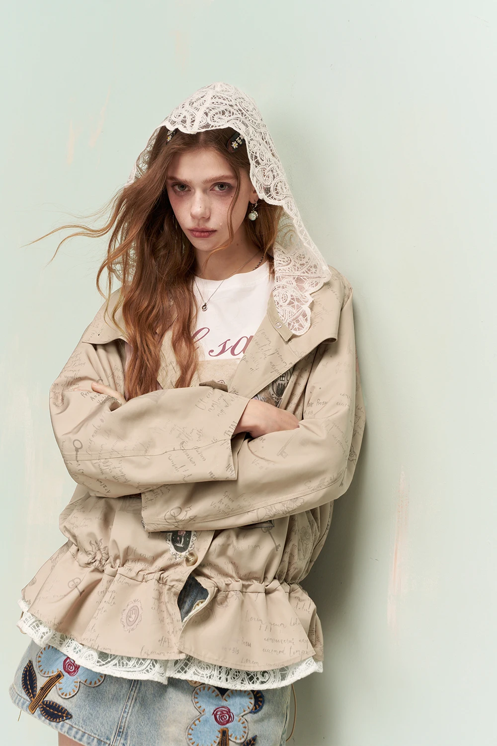 ELFSACK Womens Oversized Trench Coat Lace Collar Graphic Vintage Jacket Y2K Dark Academia Coquette Fall Outerwear