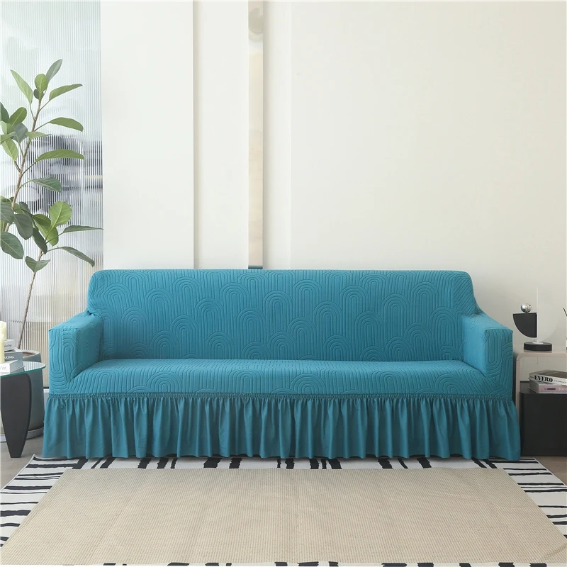 1/2/3/4 Seater Elastic Sofa Cover With Skirt Solid Color Thick Jacquard Sofa Protective Cover for Living Room