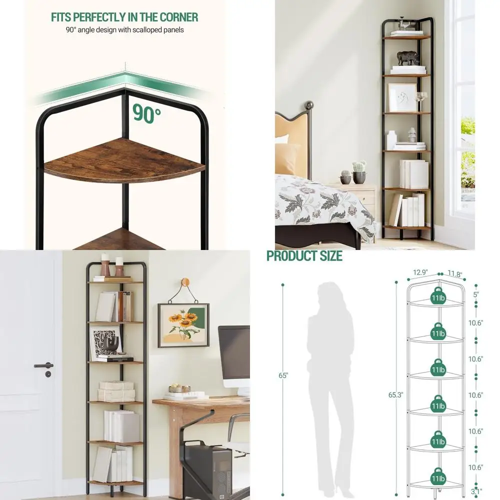 

6-уровневая угловая полка в индустриальном деревенском коричневом металлическом каркасе для гостиной, ванной комнаты и кухни — CS06601B