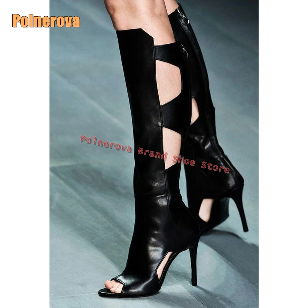 Black Peep Toe Irregular Splicing Gladiator Solid Cut Out Zipper Closure Fashion Women Runway Show Knee High Boots 2025 Summer