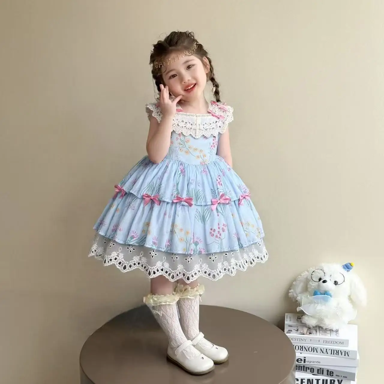 בנות פרח חדש בעבודת יד lolita שמלה vitange חמוד מתוק tutu שמלה בנות נסיכה מסיבת יום הולדת