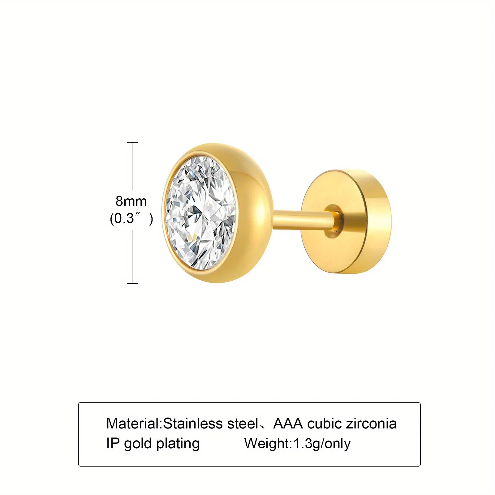 Studs elegantes de cristal em aço inoxidável para homens e mulheres, brincos Tragus, zircônia cúbica clara redonda, jóias simples na moda, 2 peças