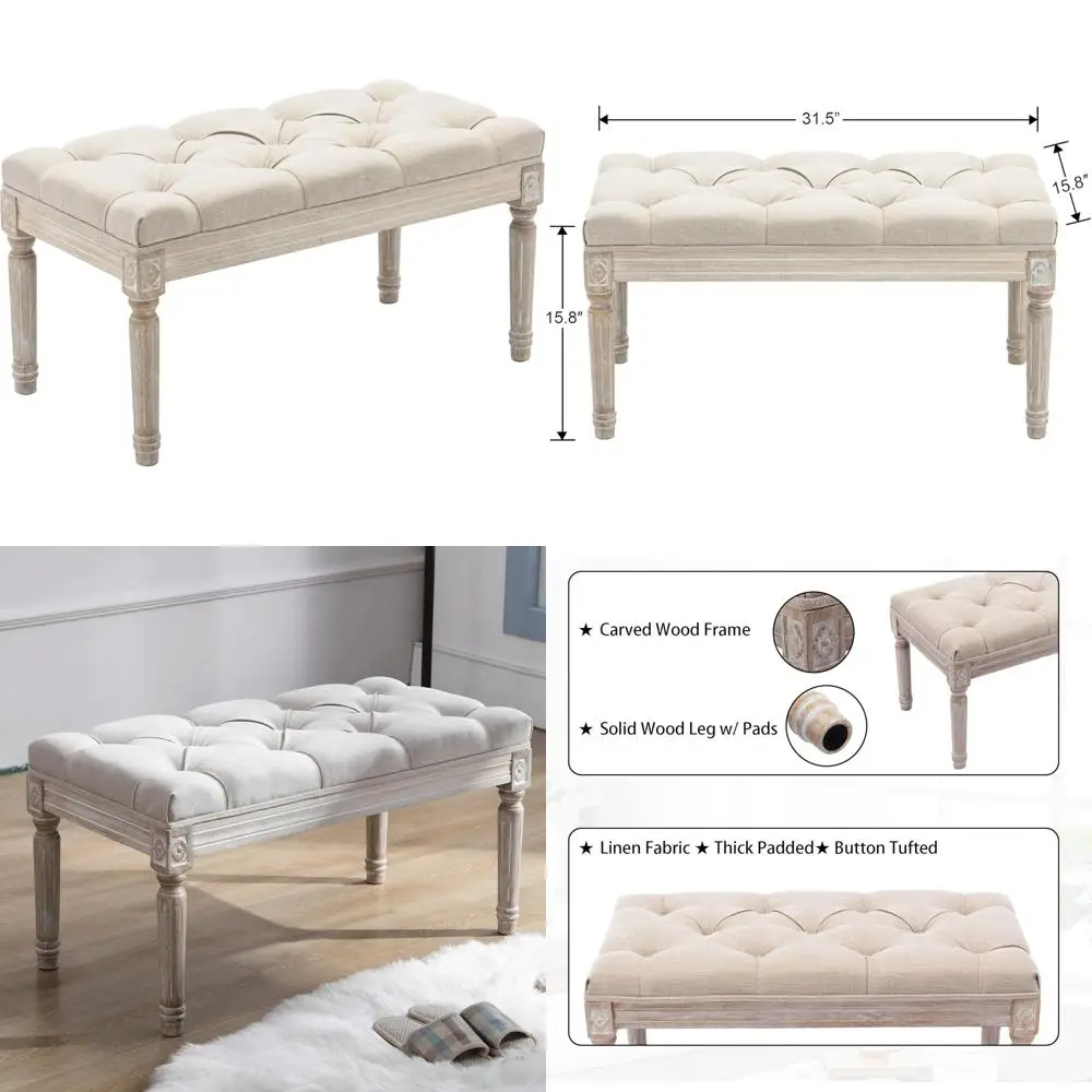 

Upholstered Entryway Bench with Tufted Seating for Two, Elegant Carved Rubber Wood Legs, Ideal for Bedroom or Living Room