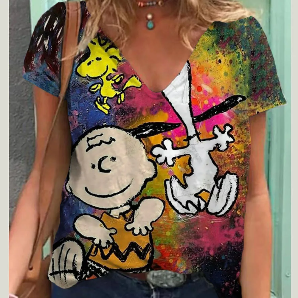 Cute Snoopy print Women\'s T-shirt V-neck top Summer Vintage Harajuku Women\'s T-shirt Fashion Loose Women\'s Clothing