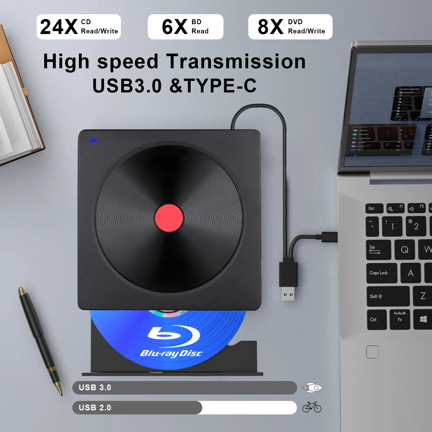 Drive Blu-ray Eksternal, Pembaca BD USB 3.0 & Tipe-C, Pembakar DVD/CD – Pemutar Blu-ray Portabel untuk Laptop PC, Windows/Linux/Mac OS