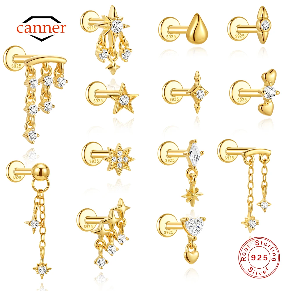 CANNER 1PC S925 Sterling Silver Eight-Pointed Star/ Heart/Tassel Earrings for Women 18K Gold Plated Studs Piercing Jewelry Gift