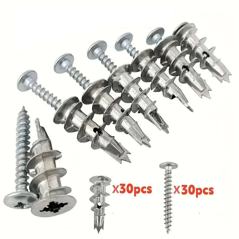 30 Sets of Self-Drilling Drywall Moro Screws with Spiral Expansion, Zinc Alloy Expansion Screws and Heavy Metal Wall Anchors