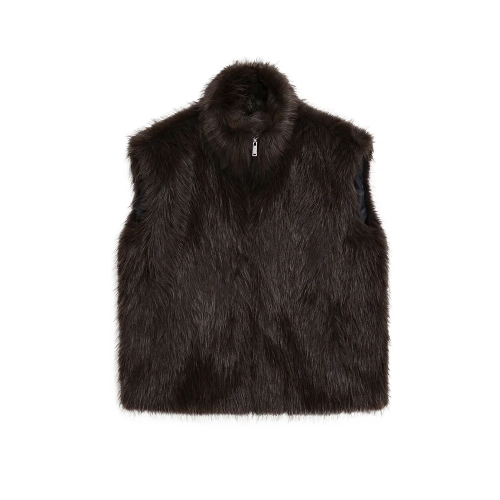

Winter new women's fashion casual metal zipper lapel sleeveless artificial fur effect vest vest vest vest