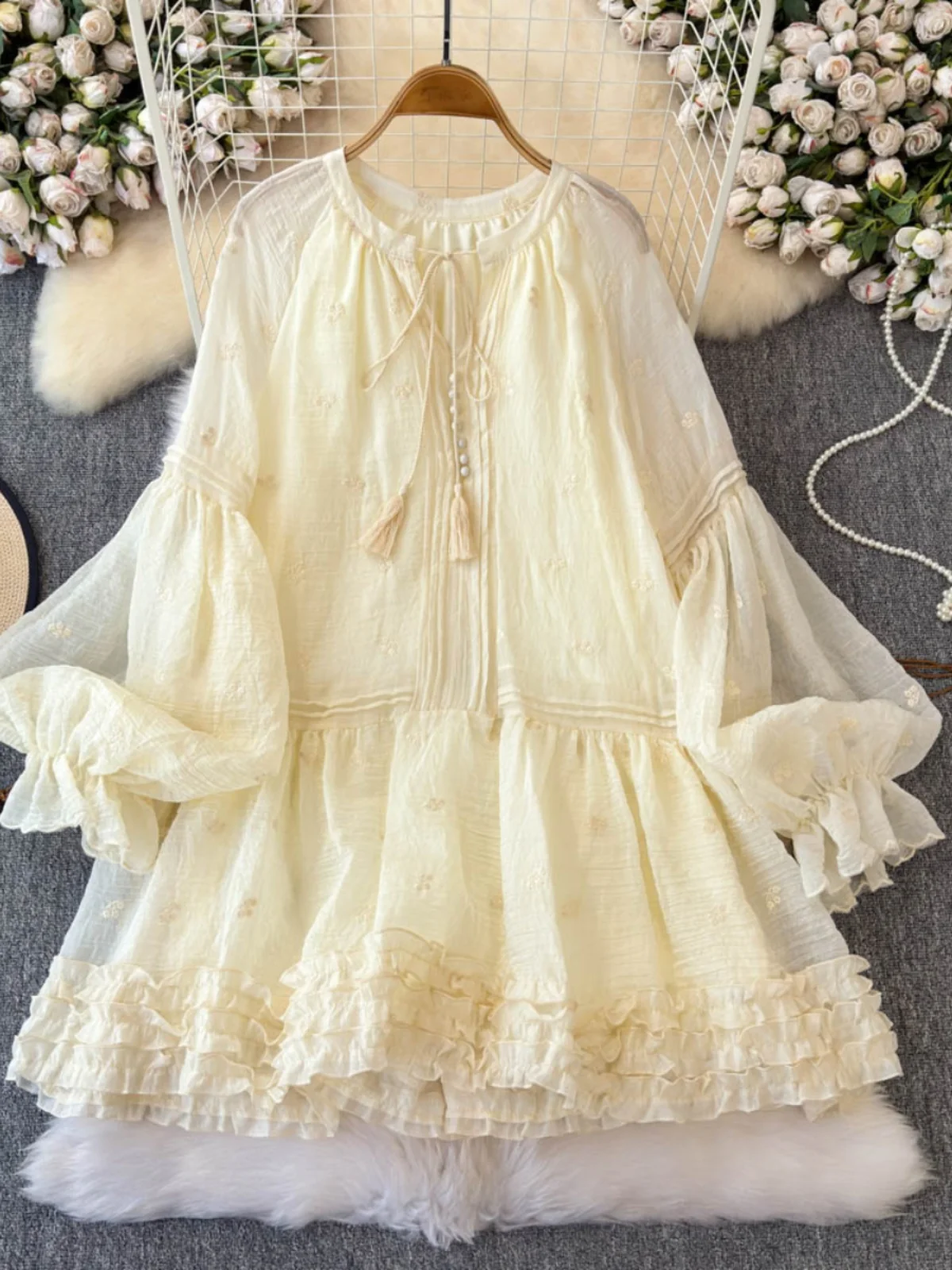 Sweet Tied Waist  Dress Women's Spring Autumn New Style High Waist A-Line Skirt Long Sleeve V-Neck Commute Friendly