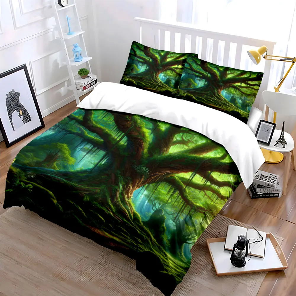 Majestic Green Tree with Sunlight Bedding Set for Kids Luxury Gift 3pcs Digital Print Comforter Set Soft Comfortable Breathable