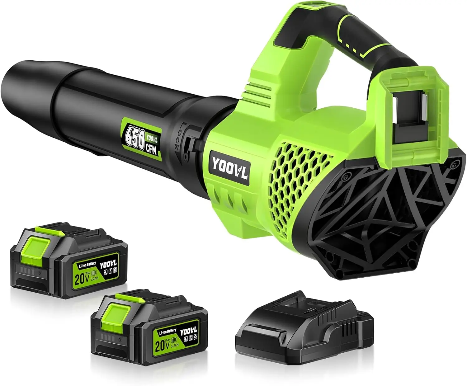 

Аккумуляторная воздуходувка для листьев с 2 батареями, 650 куб. футов в минуту, 3 скорости для ухода за газоном