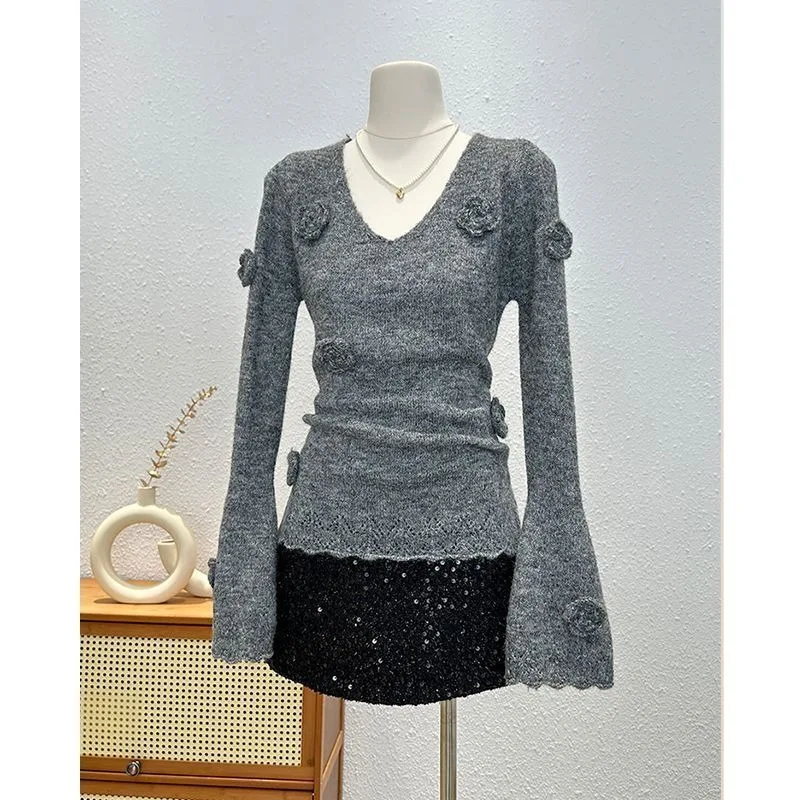 تصميم غربي عصري محبوك المرأة الخريف الشتاء أنيقة جرس كم سترة الخامس الرقبة الأعلى