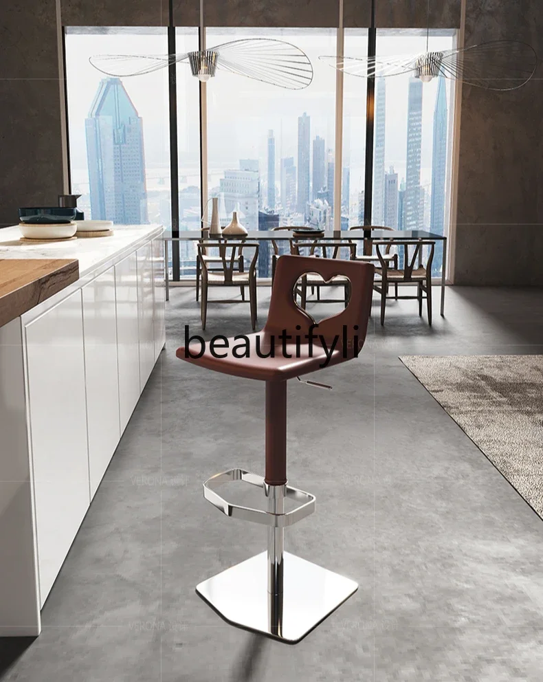 

ss Burgundy Bar Chair Home High Chair Light Luxury Minimalist Stainless Steel Lifting Rotating Leather