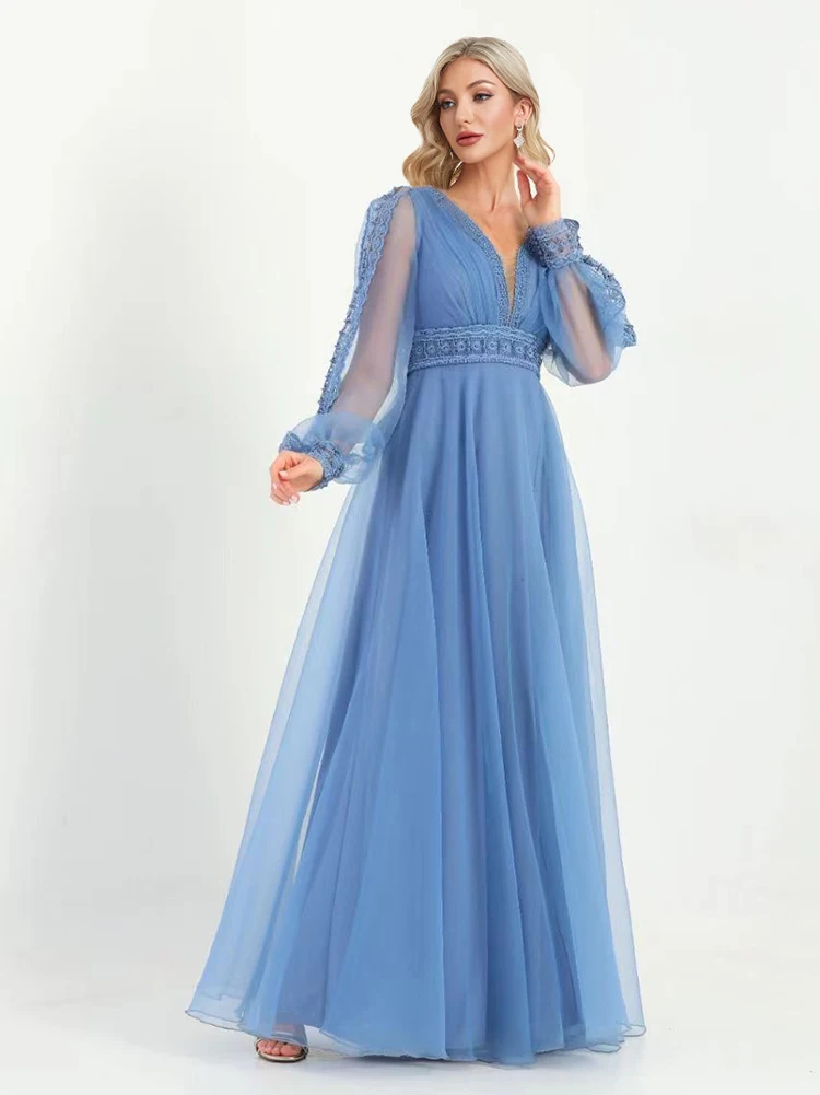 XUIBOL Elegant Tulle Blue Evening Dress Women Chiffon Long Sleeve V-Neck Maxi Floor-Length Gown 2024 Aline Bridesmaid Prom Dress