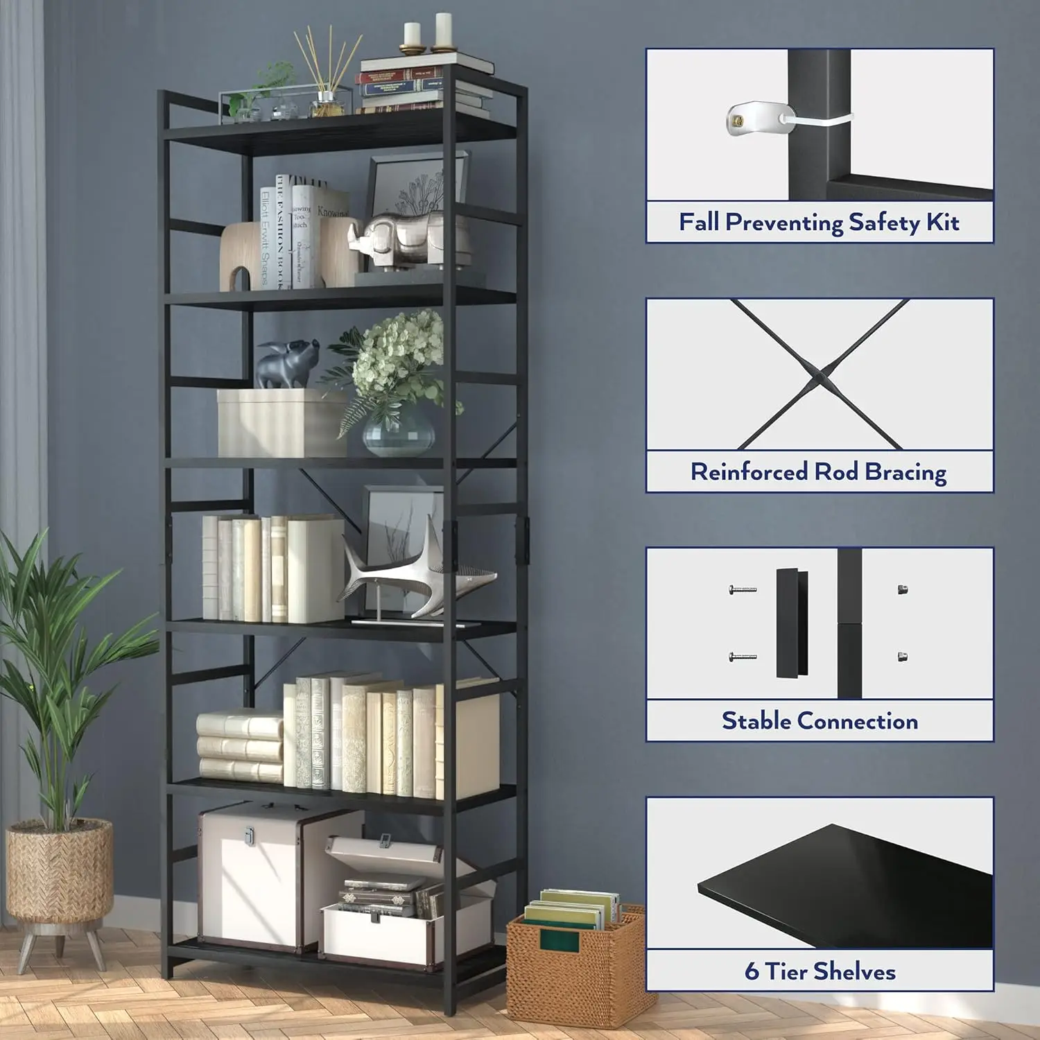 6-Tier Contemporary Bookshelf, High Storage Organizer, Stylish Shelving Unit for Home, Office, and Living Spaces, Black