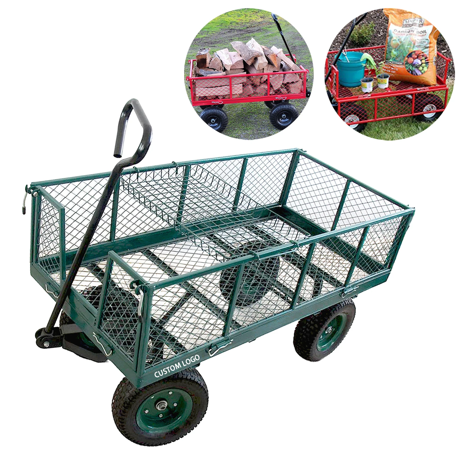 Garden Utility Trolley Cart With Removable Sides, Heavy Duty Steel Mesh Cart, And 10