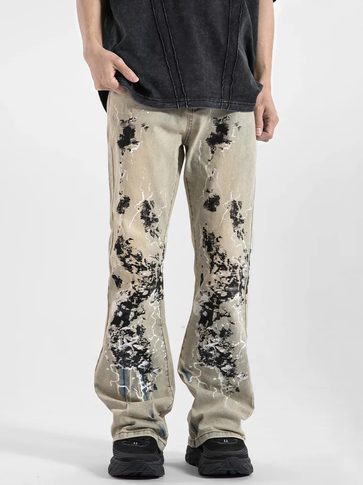 

American Retro Strangler Lightning Men's Jeans Loose Casual High Street Long Pants Wide Leg Jeans Youth Trendy Blue Denim