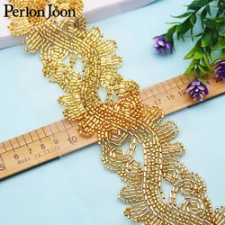 5 Yards Wavy Flower Shape Gold Glass Bead Imitation Handmade Mesh Lace Trim DIY Decoration for Clothing Wedding Dress Belt HB070