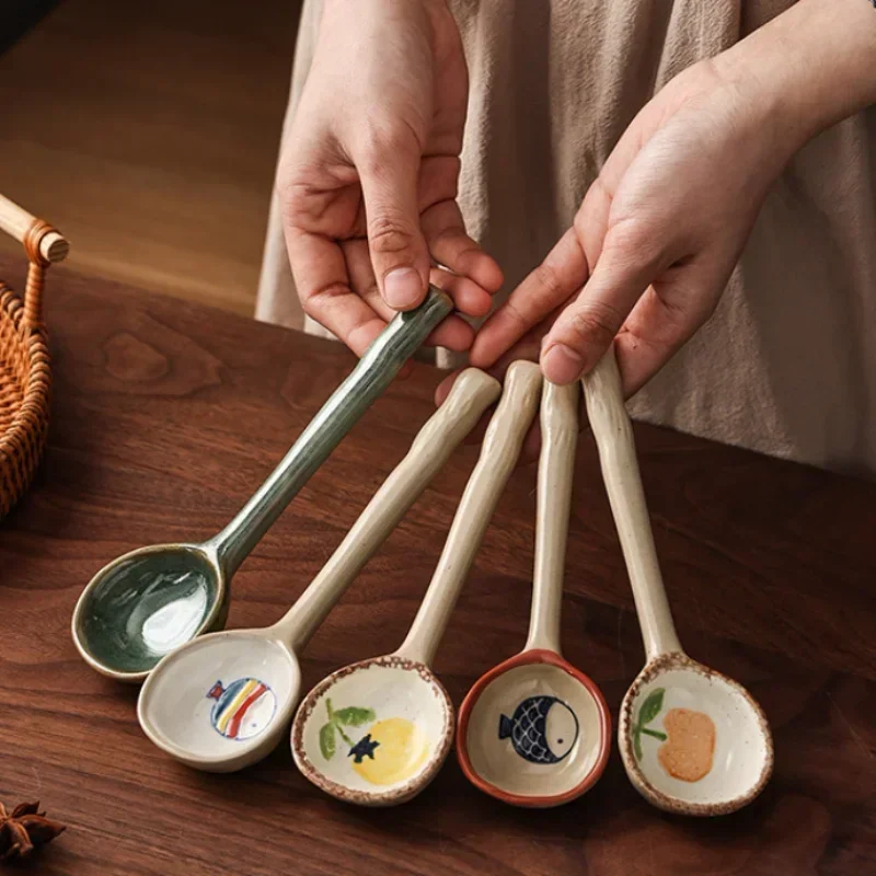 Japanese Rough Pottery Creative Coffee Spoon Dessert Spoon Restaurant Household Cute High Value Long Handle Soup Dinner Spoon