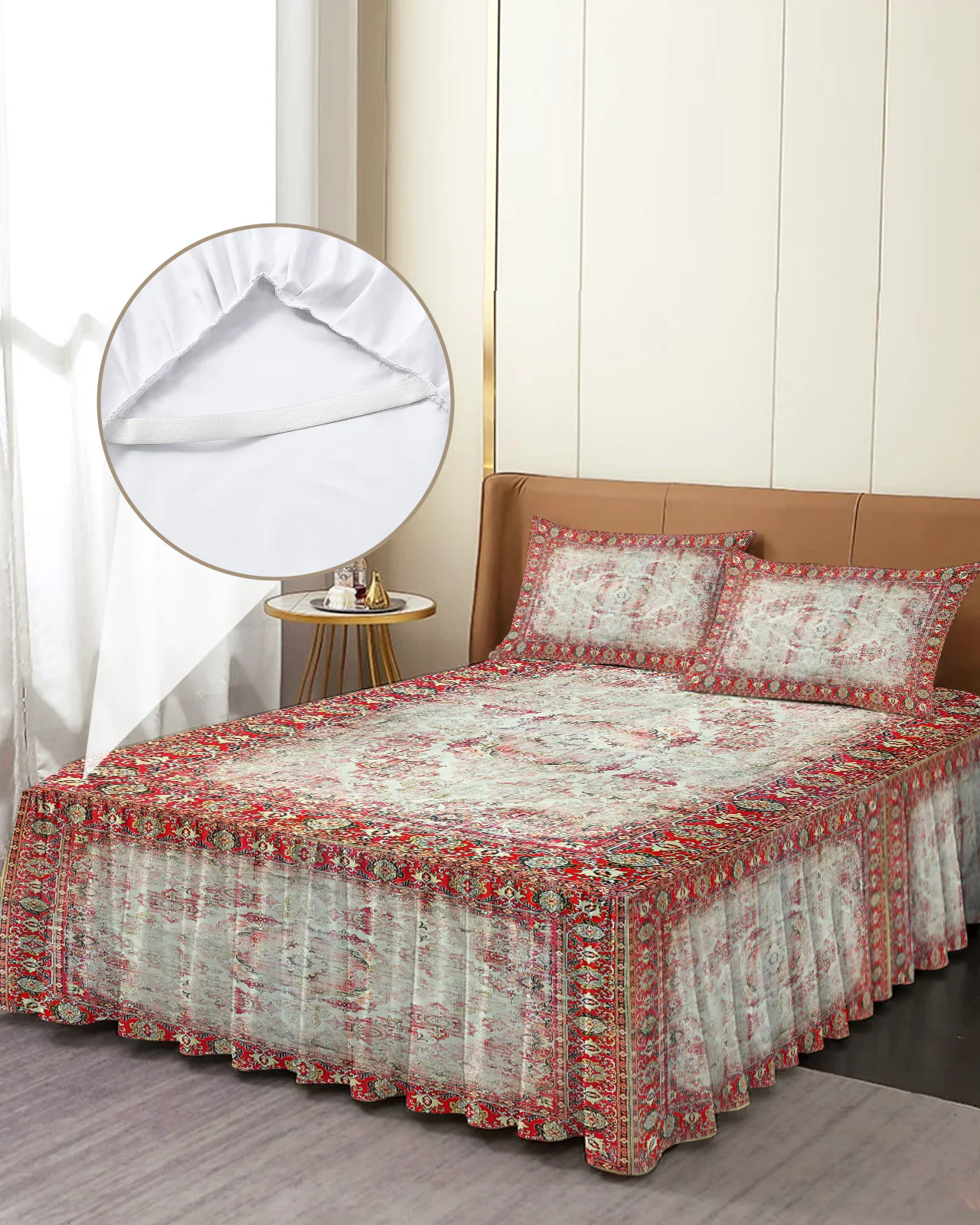 Vintage Flower Indian Bohemia Bed Skirt Elastic Fitted Bedspread With Pillowcases Mattress Cover Bedding Set Bed Sheet