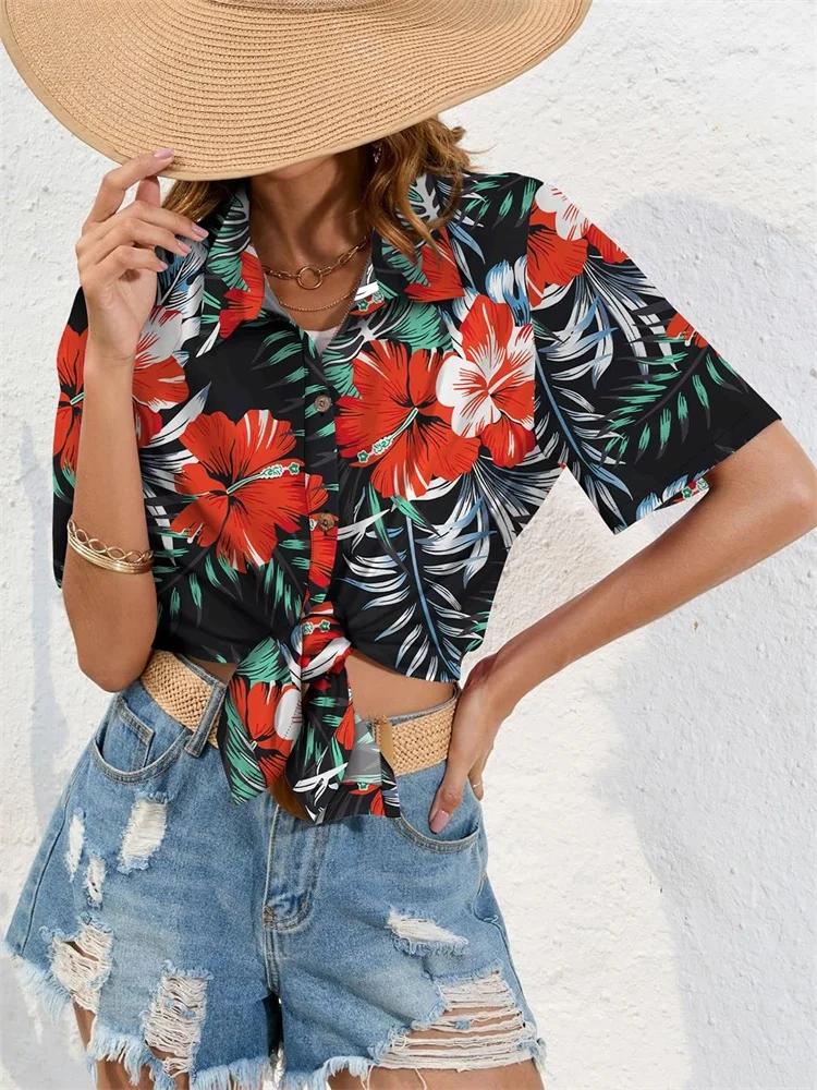 A nova camisa feminina de manga curta 2025 com estampas de pôr do sol e palmeira é uma férias de verão elegantes e casuais